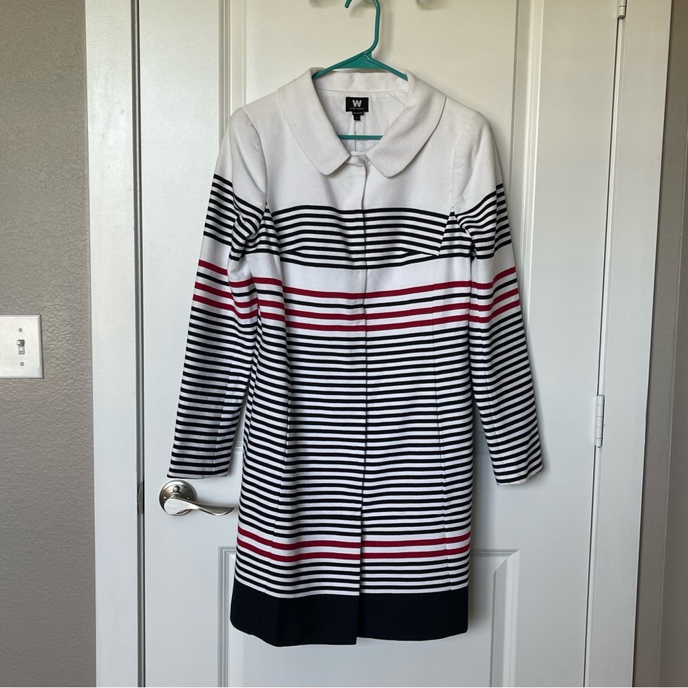 W By Worth Women’s Spring Coat Button Down White With Red / Black Striped Size 6
